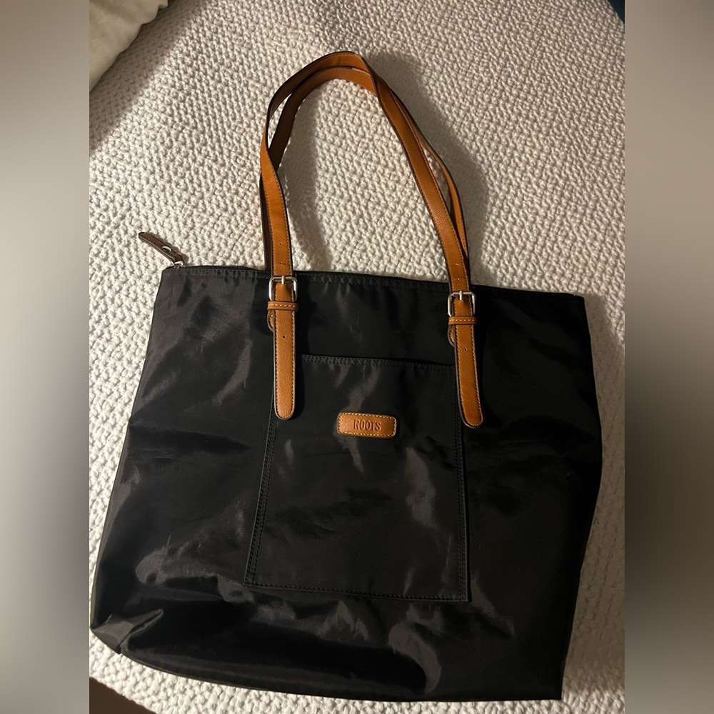 Roots Black and Leather Strap Zipper Closure Tote Bag